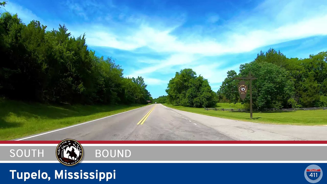 Cruise 7 peaceful miles along the Natchez Trace Parkway in Tupelo, Mississippi—from I-22 to US-278—exploring the serene forested corridor that skirts the city's southwest side with access to local roads, Civil War history, and nearby Elvis landmarks.