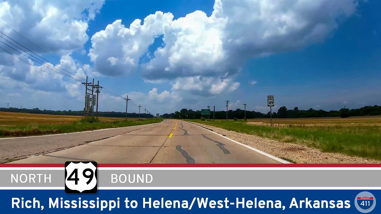 Travel 11 miles along U.S. Route 49 from Rich, Mississippi to Helena-West Helena, Arkansas, crossing the scenic Mississippi River and exploring rich Delta landscapes and historic Helena's cultural roots.