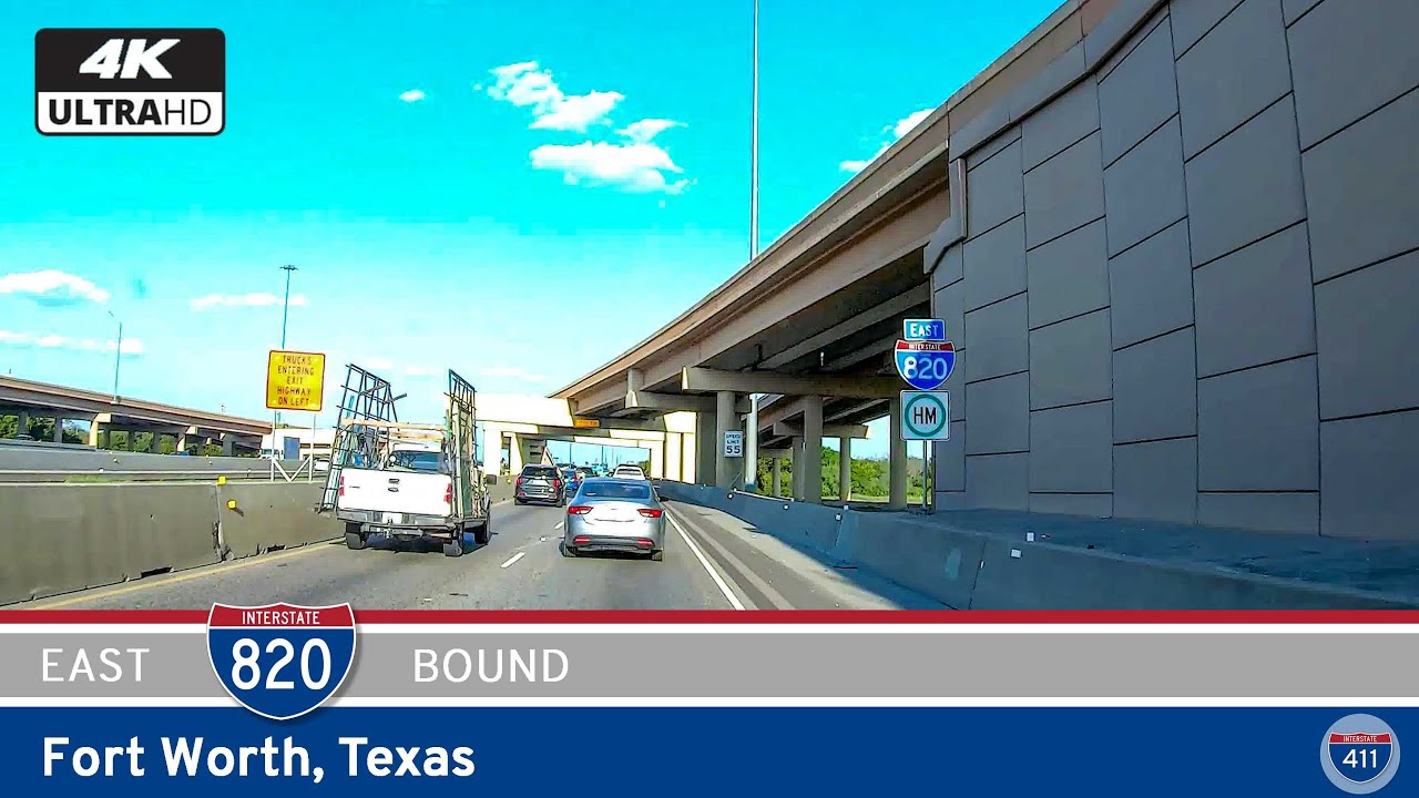 Explore 35 miles of Interstate 820 eastbound through Fort Worth, Texas, from its southwestern junction with I-20 through major interchanges with I-30, I-35W, and TX-183 before looping back to I-20. This drive around the city’s eastern edge captures suburban scenery, lake views, and busy freight corridors along the Fort Worth loop.