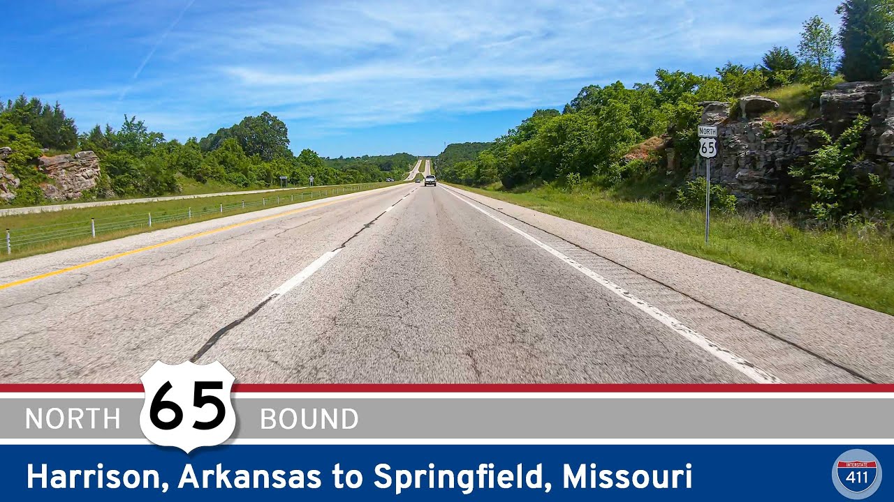 Drive 68 miles along U.S. Highway 65 from Harrison, Arkansas to Springfield, Missouri. This scenic route winds through the Ozarks, passing Branson, Ozark, and forested hills before reaching the heart of Springfield.